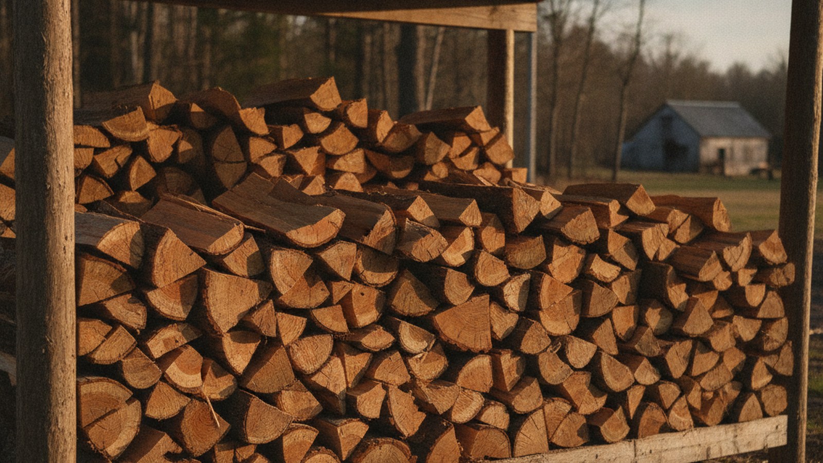 Neatly stacked split hardwood firewood seasoning under cover