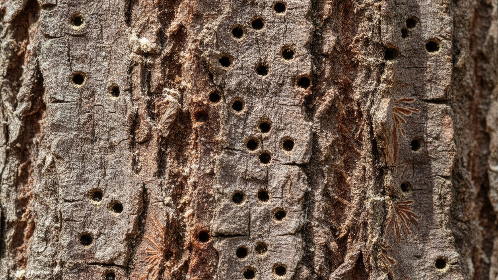 Tree trunk peppered with tiny round beetle entry holes and pale sawdust