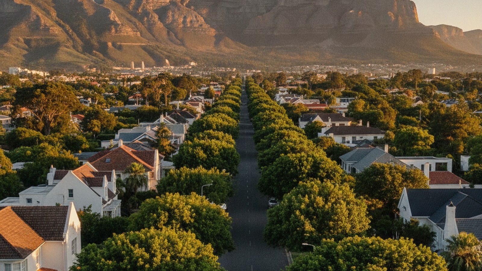 Leafy Cape Town suburb with mature street trees and Table Mountain behind