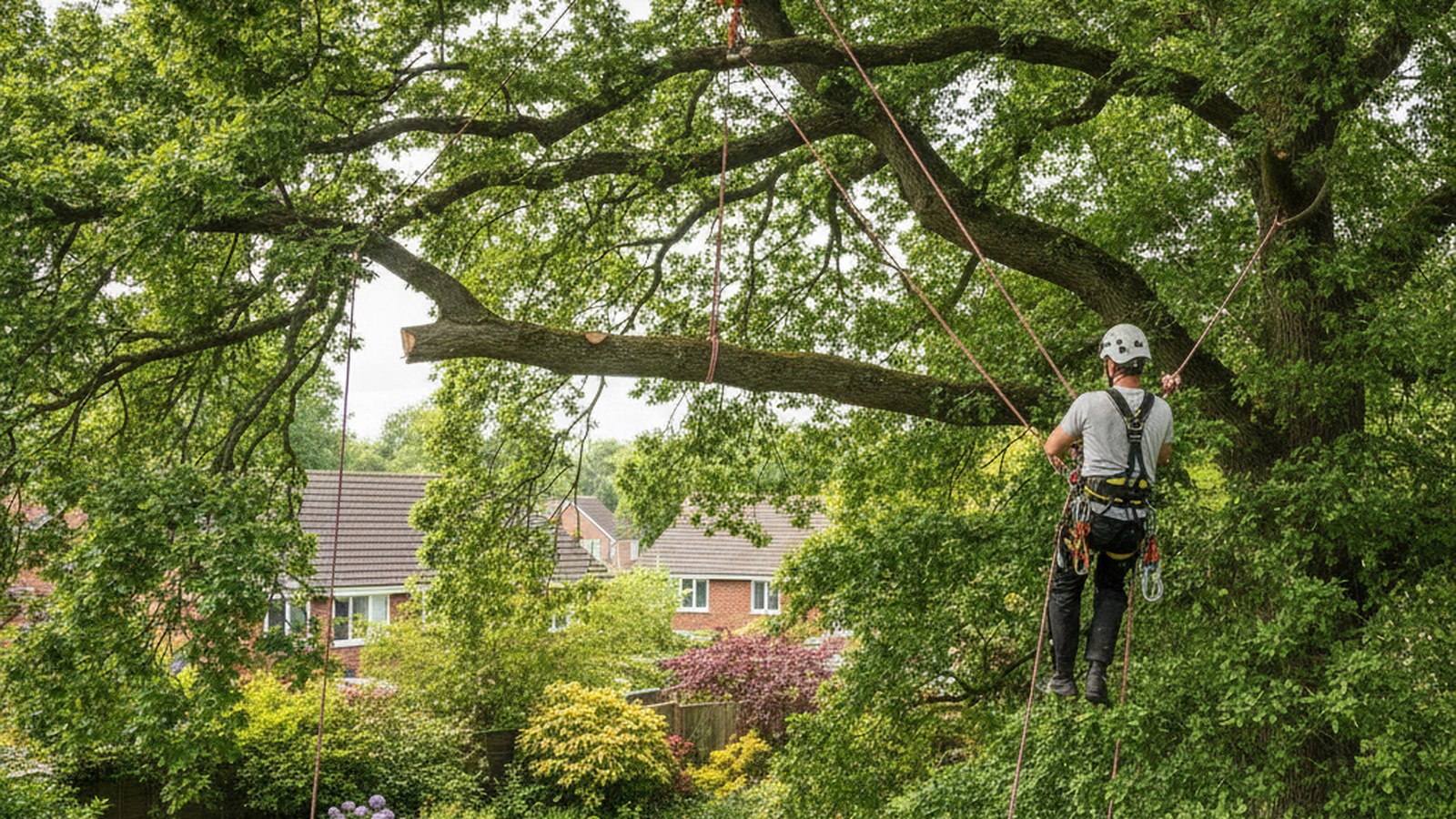 Arborist high in a tree canopy on ropes, rigging a limb for sectional removal