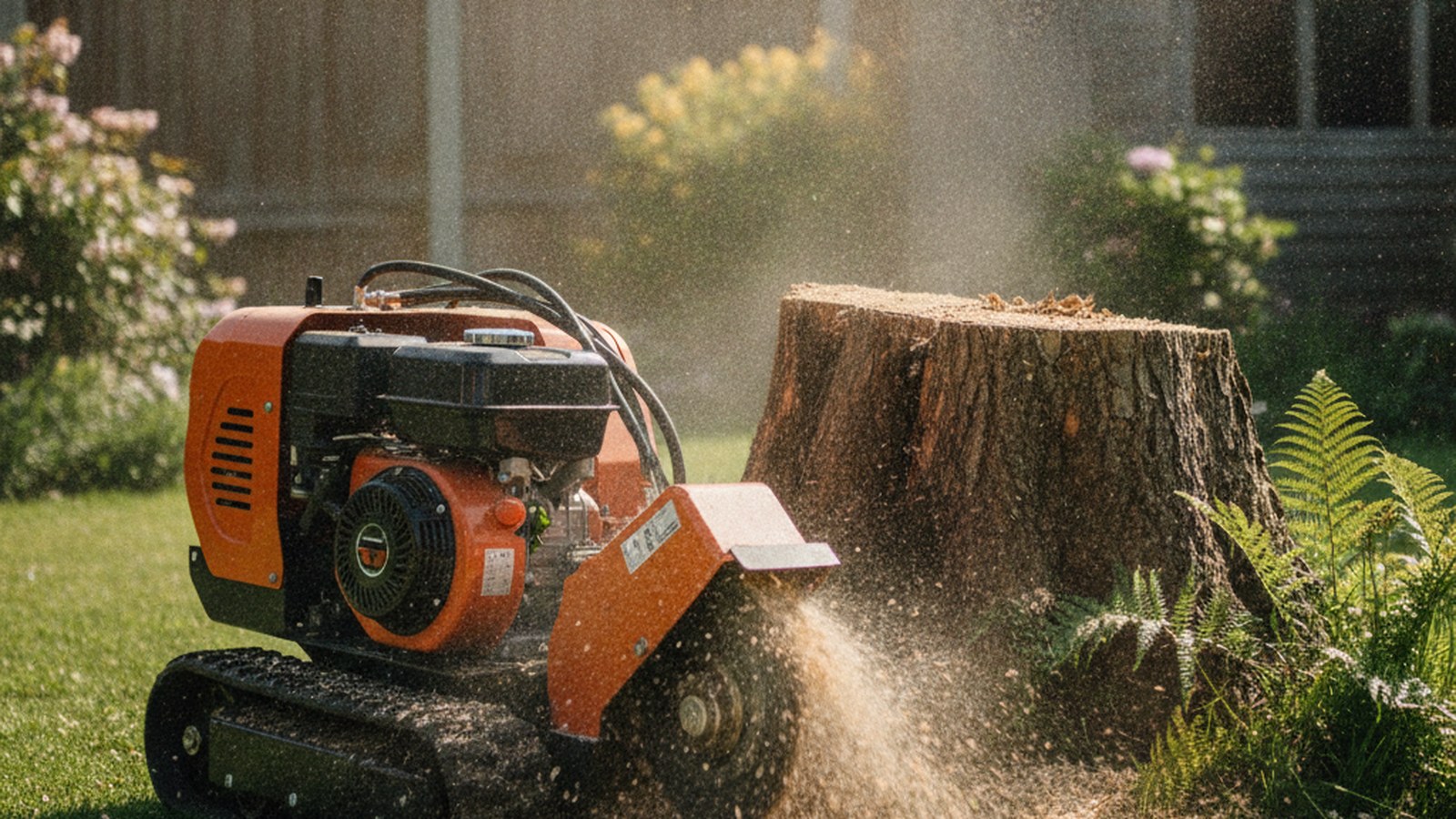 Tracked stump grinder cutting a tree stump down below ground level
